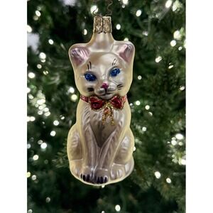 Vintage Style Glass Cat Christmas Ornament Blue Eyes Red Bow